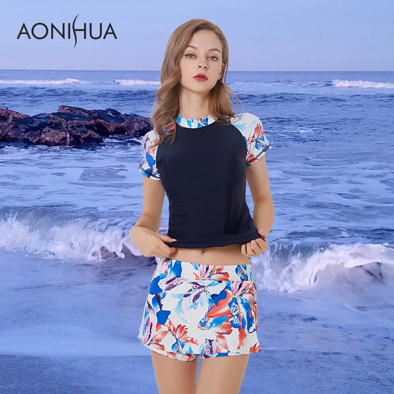 Купальник AONIHUA размера плюс Новые Топы с коротким рукавом и шорты костюмы для