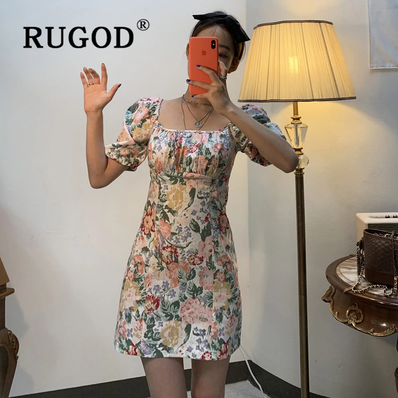 Женское платье RUGOD винтажное мини с цветочным принтом корейское шикарное офисное