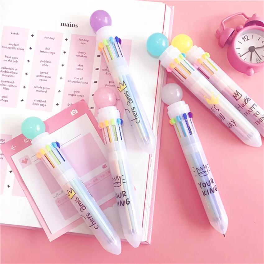 

10 In1 Candy Color Press Ball Pen Kawaii Multicolor Ballpoint Pen Multifunction Creative School Supplies Marker Pens Stationery