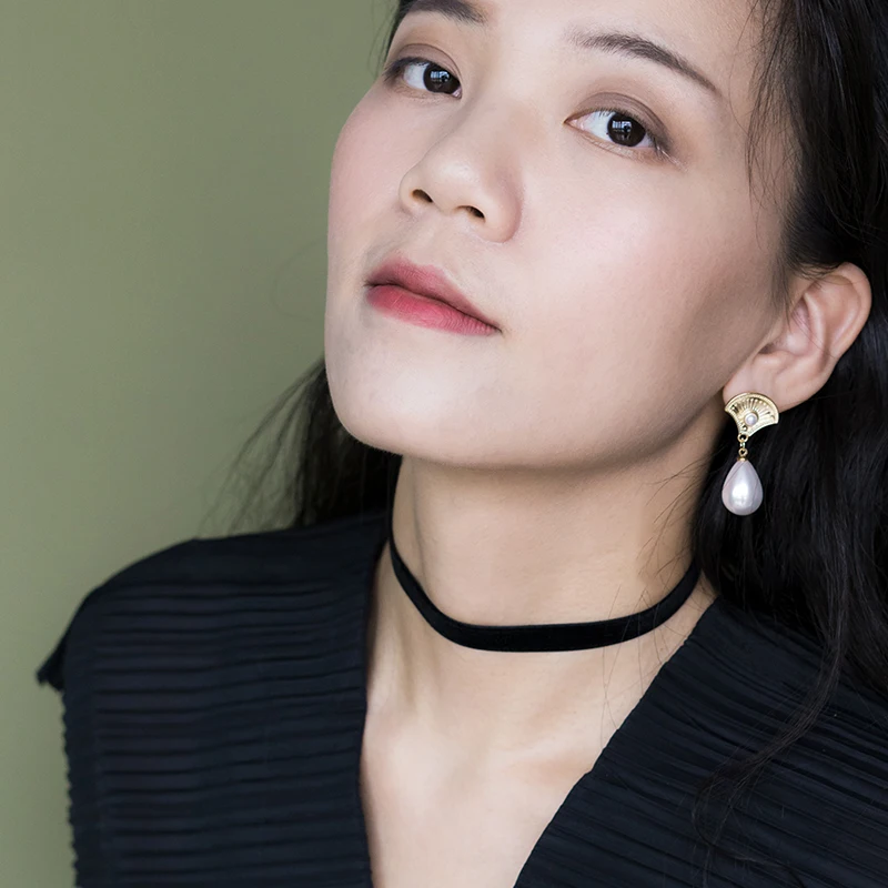 SRCOI Gold Alloy Fan Water Drop Faux Pearl Earrings Dangle Korean Elegant Long Women Girls Party Wedding Bride | Украшения и
