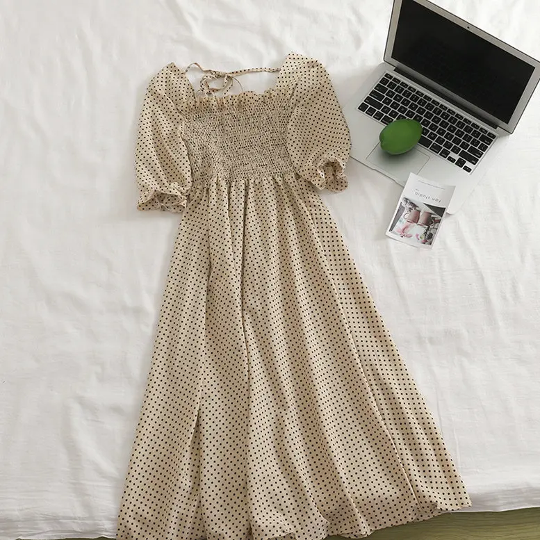Women Dress Женское летнее шифоновое платье в горошек с квадратным воротником и рукавом-фонариком, винтажное эластичное облегающее платье-пуловер средней длины - Цвет: Women Dress