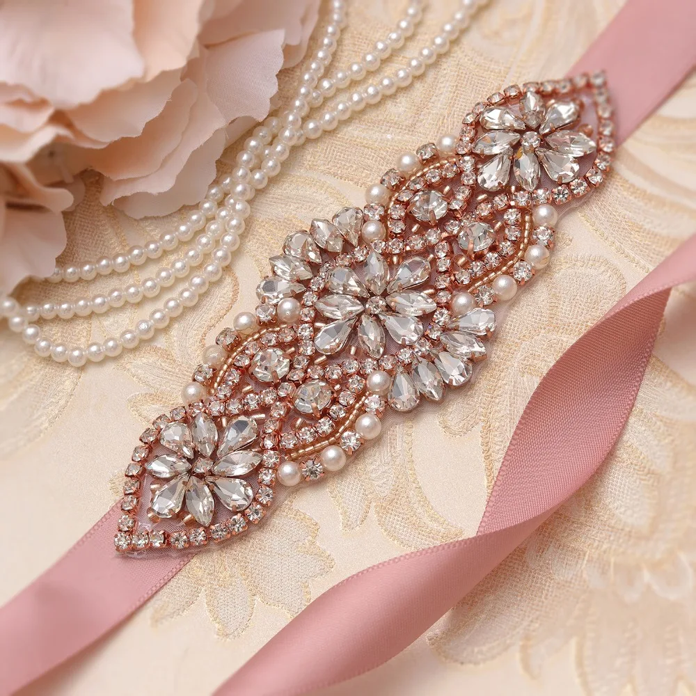 yanstar Bridal Belt Pearls Rhinestones Wedding Rose Gold Crystal Sash For Party Gown XY852 | Свадьбы и торжества