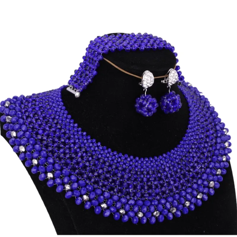 Royal Blue Crystal Свадебные ювелирные наборы нигерийские настоящие натуральные оранжевые Коралловые бусы ожерелье набор украшений для женщин ручная коса Новинка - Окраска металла: Royal Blue Crystal