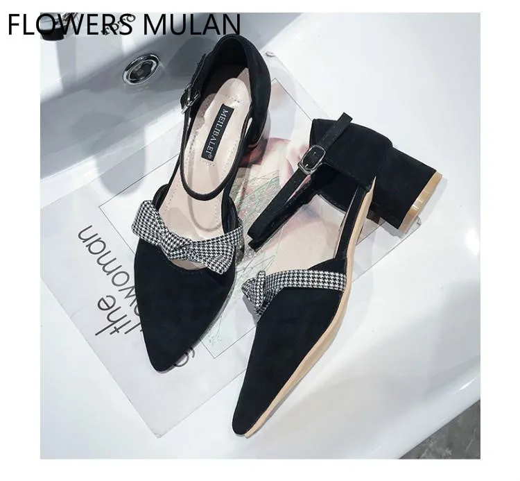 Black Beige Suede Women Sandals Pointed Toe Chunky Heels Gladiators Chic Plaid Bowtie Shoes Woman Cover Mary Janes Cheap | Обувь