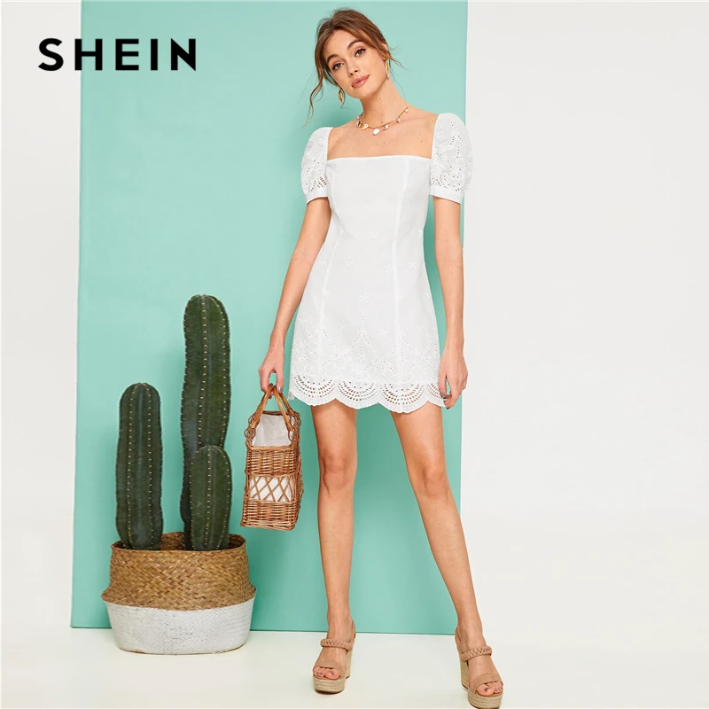 SHEIN белое платье в стиле бохо с пышными рукавами и фигурным подолом, с квадратным вырезом, женское короткое тонкое летнее платье с вышивкой на молнии сзади