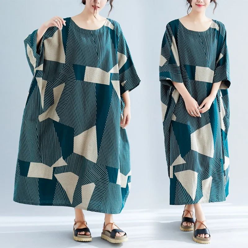 Женское длинное платье в полоску NYFS свободное хлопково-льняное с геометрическим