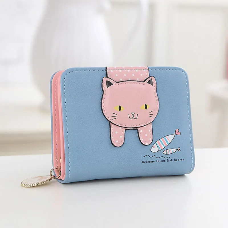 Blue Женский милый кошелек с кошкой, маленький кошелек на молнии для девушек, брендовый дизайнерский кошелек из искусственной кожи, Женский кошелек для монет, Женский держатель для карт, кошелек billetera - Цвет: Blue