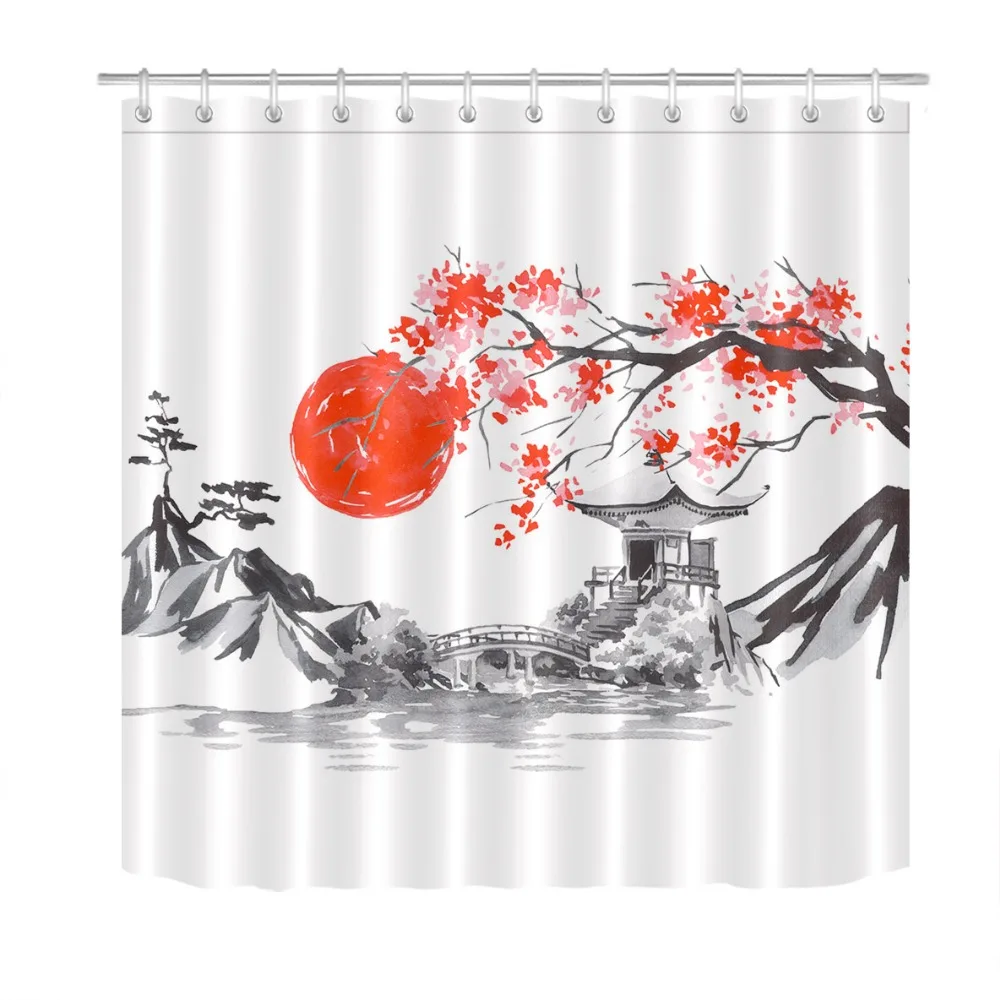LB Японская Традиционная картина Sumi-e заката Fuji Mountain Sakura занавеска для душа Ванная