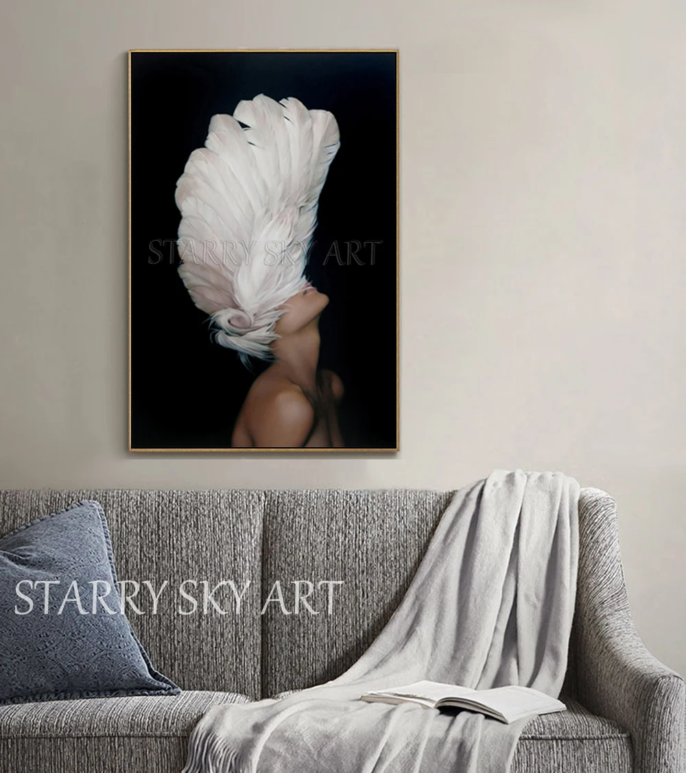Professional Artist Hand-painted High Quality Lady with Feather Oil Painting on Canvas Modern Fine Art Figure | Дом и сад