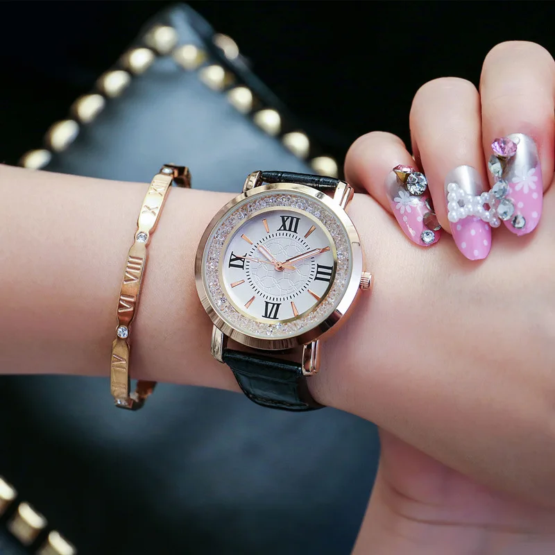 Новинка 2017 мода кварцевые Для женщин часы со стразами кожа повседневные платья