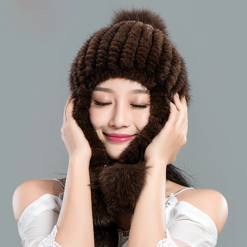 Natural mink fur hat ladies winter mane woven warm earmuffs Korean sweet cute fox fur ball cap