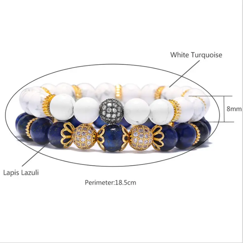 2 шт./набор браслет из натурального камня для мужчин микро проложить CZ 8 мм диско