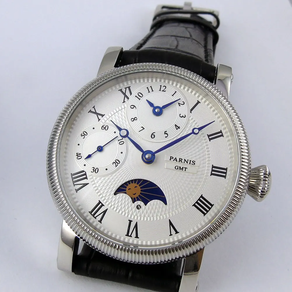 42mm PARNIS Steel Case embossment GMT Moon Phase relogio masculino Roman Numerals hand winding movement men's watch wholesale | Наручные