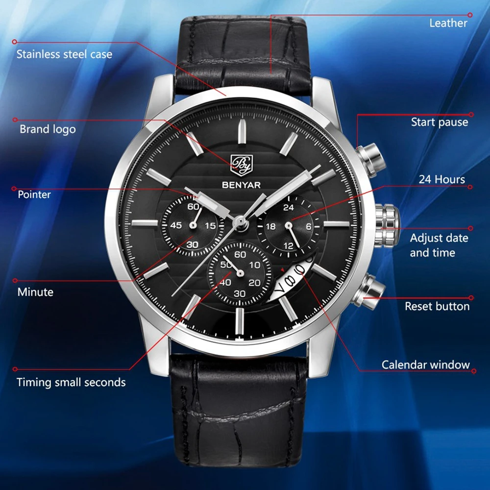 Benyar бренд класса люкс мужские часы Авто Дата хронограф спортивные кварц