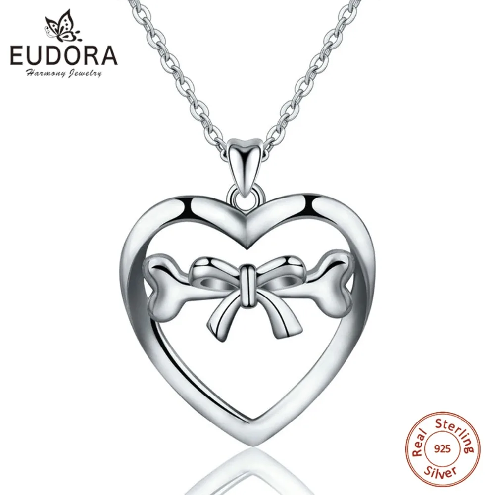 

Eudora 925 Sterling Silver lovely Pet Dog Cat Bone & Bow-knot Pendant Necklaces Women Fine Jewelry For Girl Christmas gift D118
