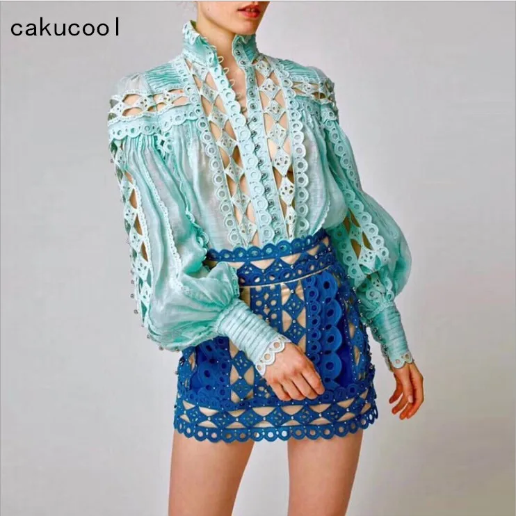 Женская блузка с длинным рукавом фонариком Cakucool белая ажурная кружевом весна