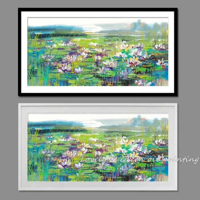 Koop Gratis Verzending 100% Handgeschilderde High Q. Lotus Flower Wall Art Landschap Olieverf Op Canvas Voor Woonkamer Home Decoratie