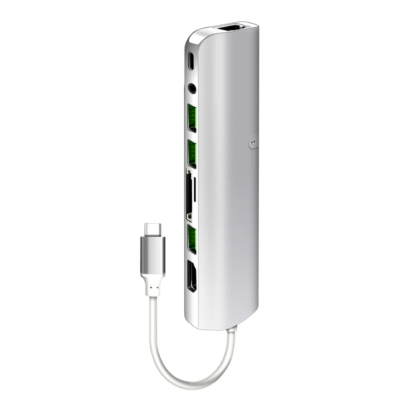 USB C концентратор, 9 в 1 многопортовый концентратор, Тип C концентратор с HDMI RJ45 USB3.0 PD SD TF 3.5AUX для ноутбука, больше устройств с интерфейсом type C - Цвет: 9 in 1 Silver