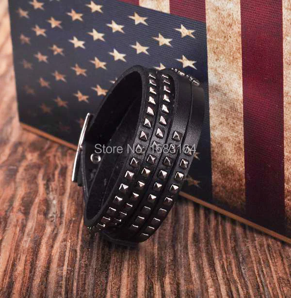 Black Double Wrap Leather Wristbands Bracelet Cuff Punk Lined &ampStudded New Mens | Украшения и аксессуары