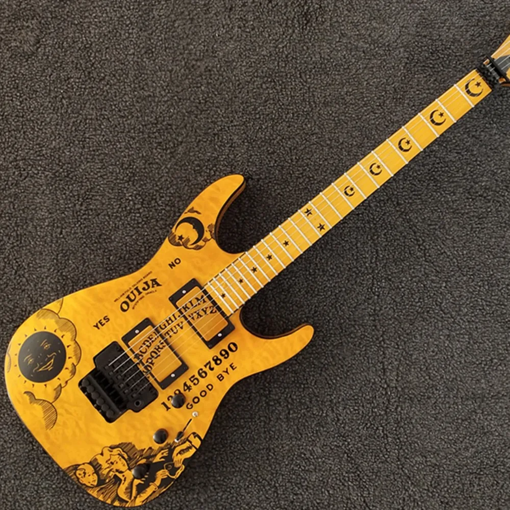 

Top quality FDOH-9005 yellow color Personality patterm black hardware Kirk Hammett Ouija Electric Guitar, Free shipping