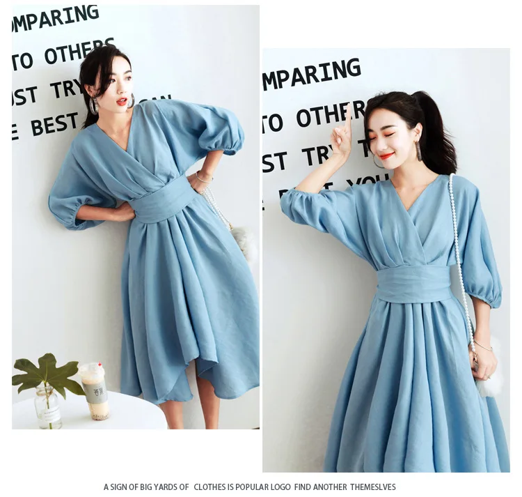 

Light Blue Spring Autumn Vintage Dress Lantern Sleeve V-neck Slim Waist Swing Retro Midi Dresses Robe Femme Vestidos