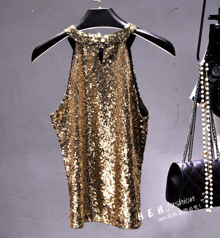 Women Bead Tank tops Shiny Sequin Vest Slim Bling Party Camis Halter neck gold Thread Lurex Sexy Tank Camisole Top Lady