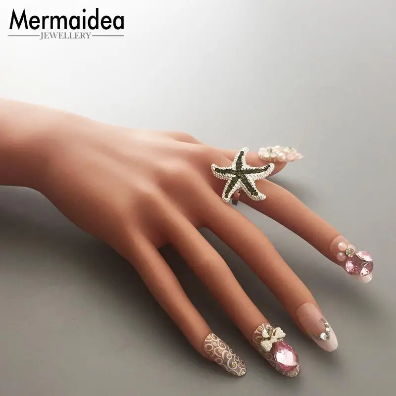 Посеребренные зеленые CZ открытые кольца в виде морской звезды 2020 Glamourous с