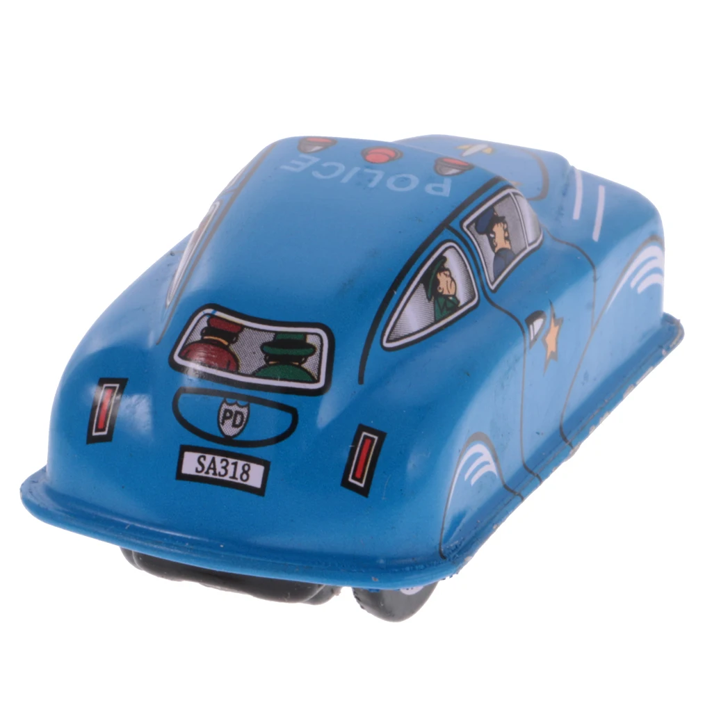 Blue Classic Police Car Tin Toy Collectible Clockwork Wind Up Toys for Kids