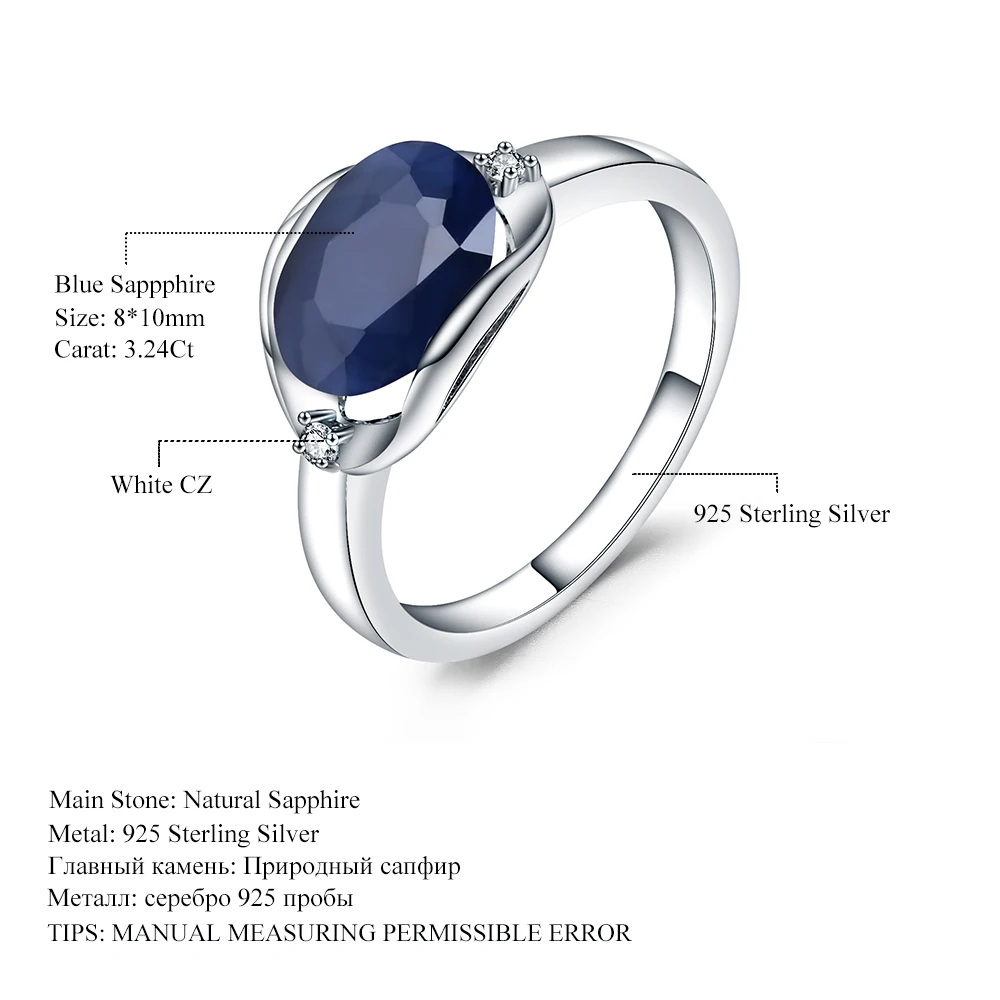 GEM'S балетные 925 пробы серебряные обручальные кольца 3.24Ct Натуральный Синий Сапфировое Кольцо из драгоценных камней для женщин ювелирные украшения