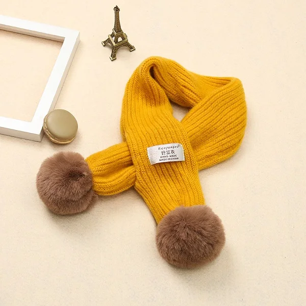 Yellow Scarf На весну и зиму милый детский шарф для девочек, для мальчиков шарфы детские вязаные кролик меховой воротник шарф с помпонами на шее теплый шарф - Цвет: Yellow Scarf