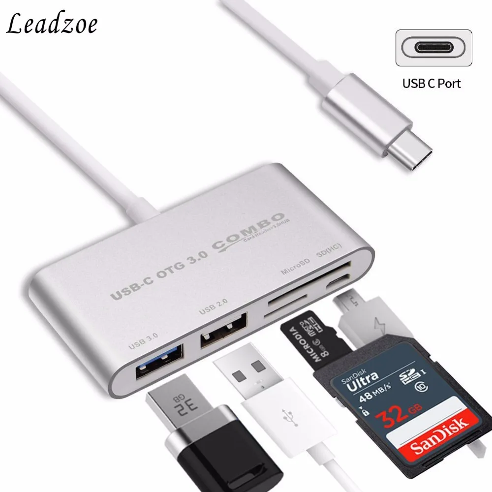 Leadzoe 5 in1 USB C концентратор Тип C SD устройство для считывания с tf-карт USB 3,0 концентраторы с микро USB Мощность Порты и разъёмы Разветвитель USB OTG Тип c концентратор USB