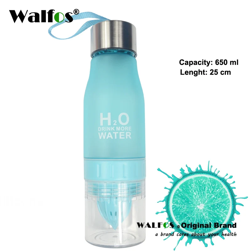 WALFOS, пищевая бутылка 650 мл, H2O, лимонный сок, фруктовая бутылка для воды, посуда для заварки, посуда для напитков на открытом воздухе, портативный шейкер, Спортивная бутылка - Цвет: Blue