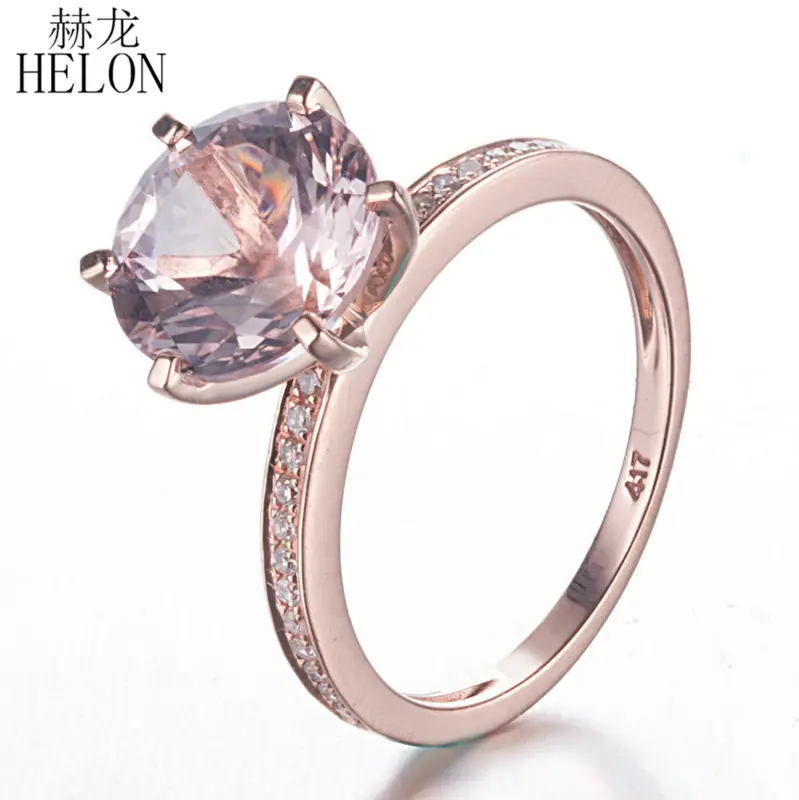 HELON Solid 14K розовое золото изысканные женские ювелирные изделия 8 мм круглый 2.6ct морганитное кольцо с натуральными бриллиантами обручальное кольцо