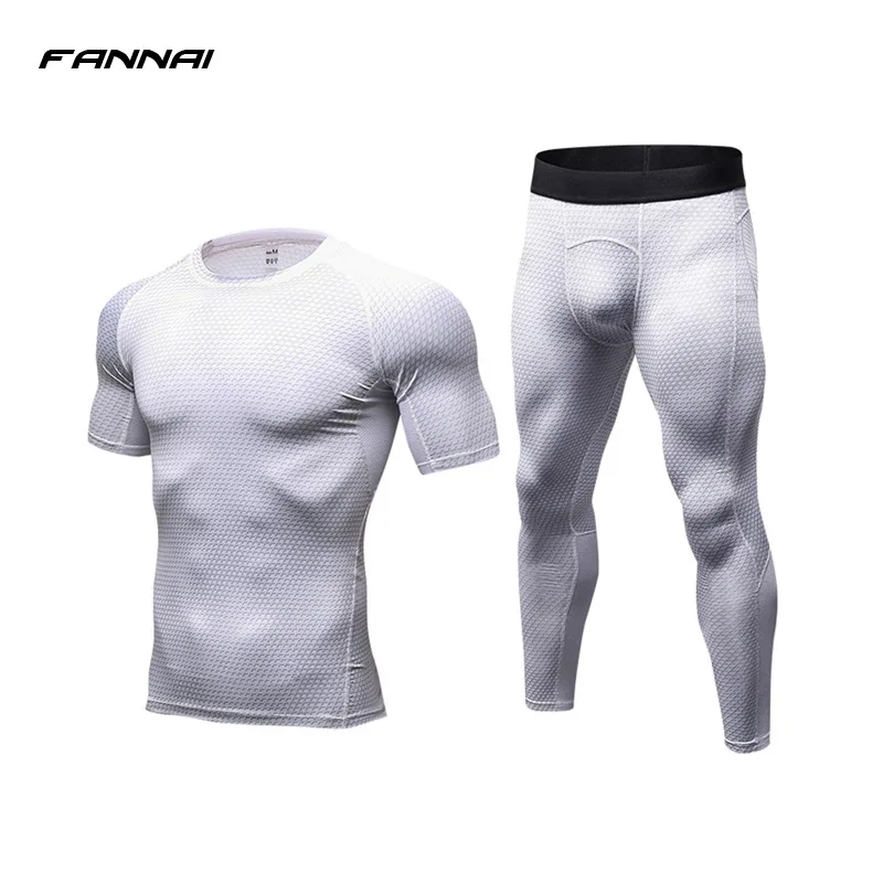 White Top and Pants Мужской Быстросохнущий компрессионный костюм комплект для бега фитнес-плотно футболка леггинсы шорты спортивный костюм спортивная мужская спортивная одежда - Цвет: White Top and Pants