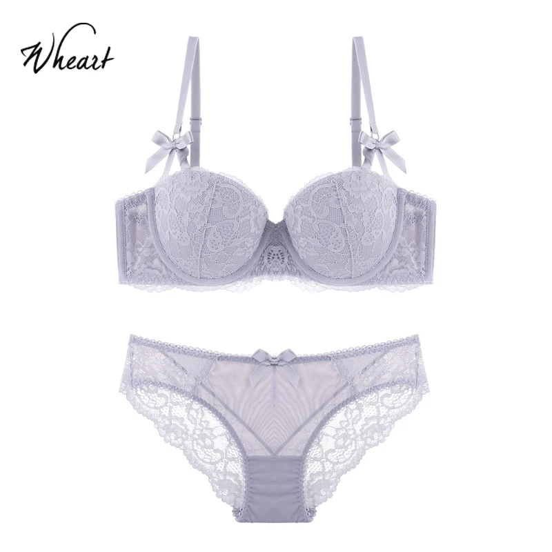 Wasteheart Women Fashion Gray Bow Straps Bralette Underwire Cotton Panties Push Up Bra Set Sexy Lingerie Underwear Plus Size|set underwear|bra