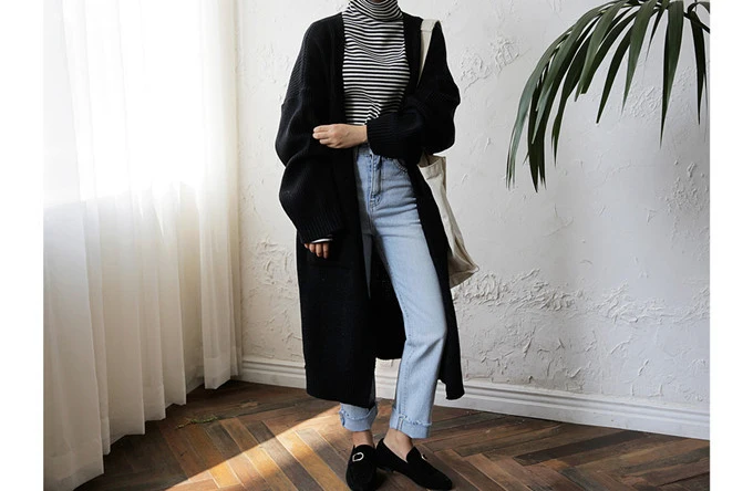 Winter Spring Fashion Casual Clothing Ladies Sweater Long Knit Sweater Women Large Full Sleeve Coat Black Solid Cardigan