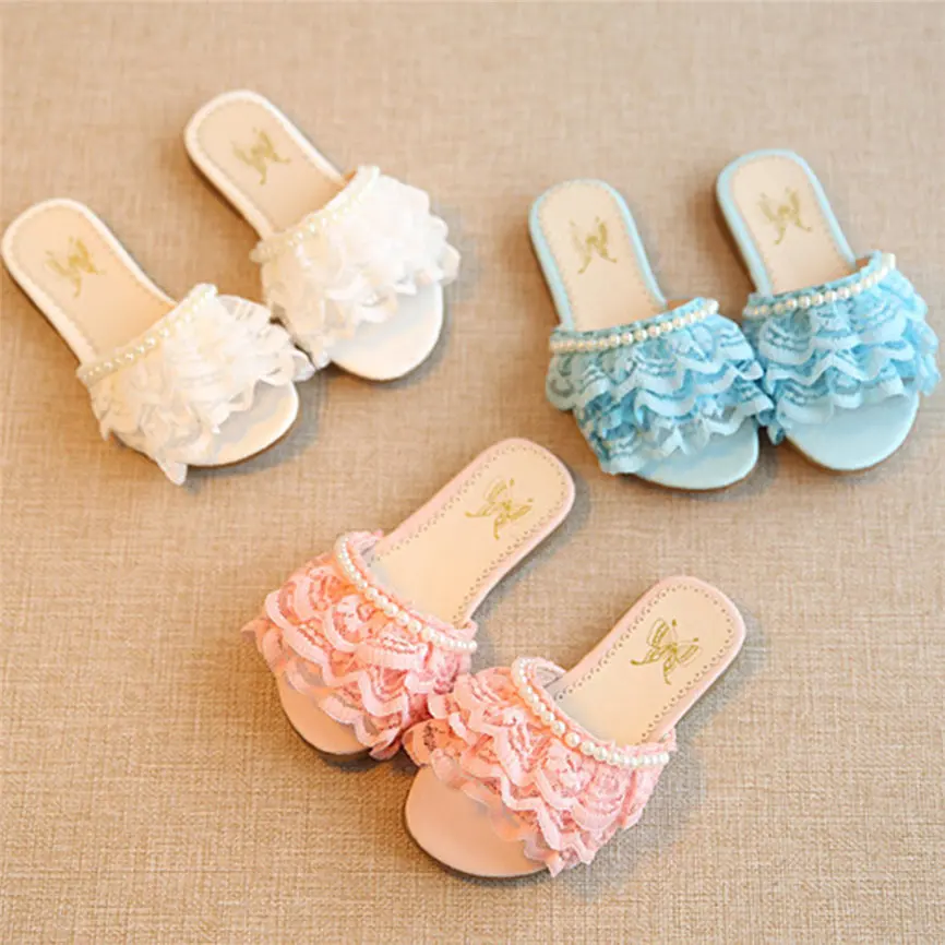 Детская пляжная обувь принцессы с жемчугом повседневные кружевные летние