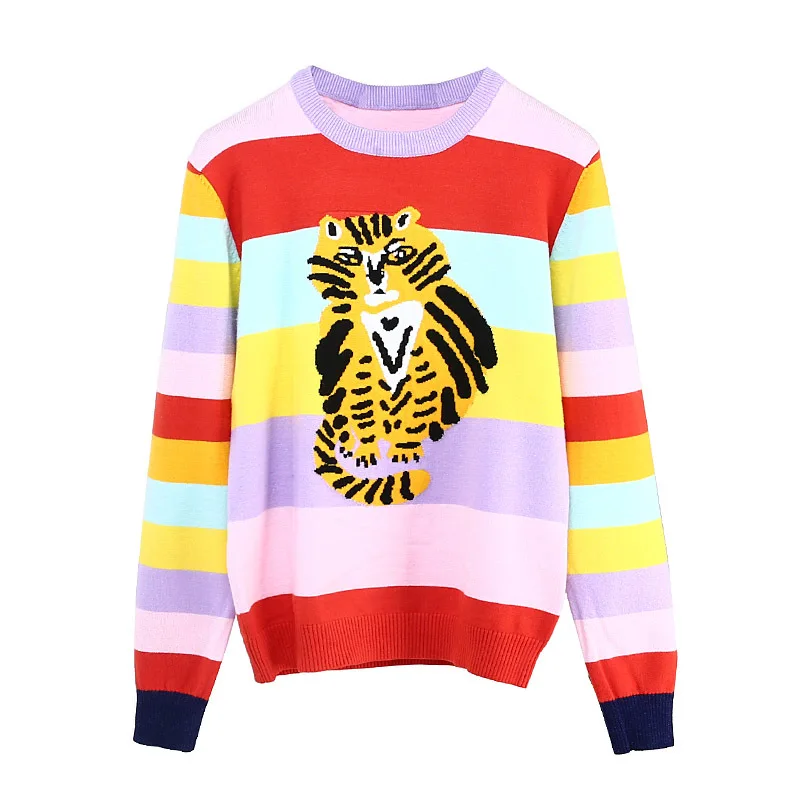 

2018 Autumn and winter style Women knit rainbow-striped cat pattern round neck knit tops pullovers knit sweaters