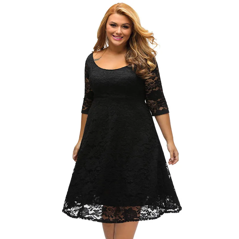 Black Dress SEBOWEL размера плюс белое/черное цветочное кружевное Пышное ТРАПЕЦИЕВИДНОЕ ПЛАТЬЕ для вечеринки женское платье большого размера с коротким рукавом женское вечернее коктейльное платье - Цвет: Black Dress