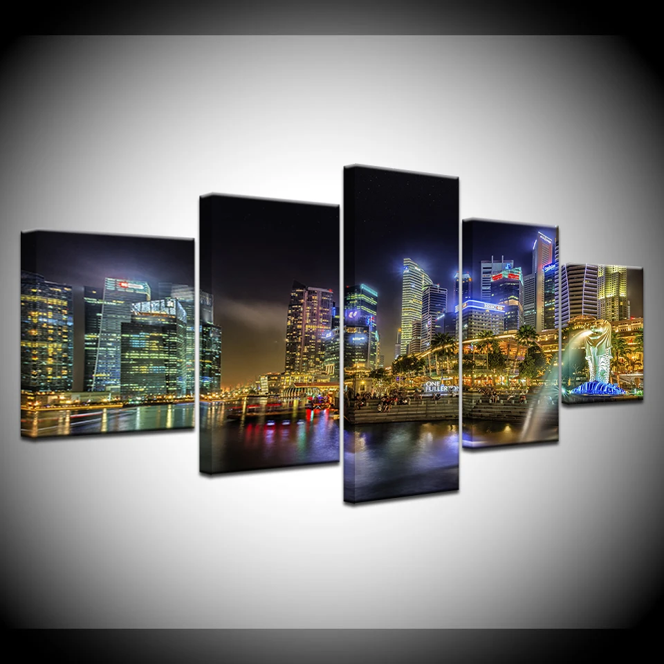 

Canvas Painting landscape city of Singapore night lights 5 Pieces Wall Art Painting Modular Wallpapers Poster Print Home Decor