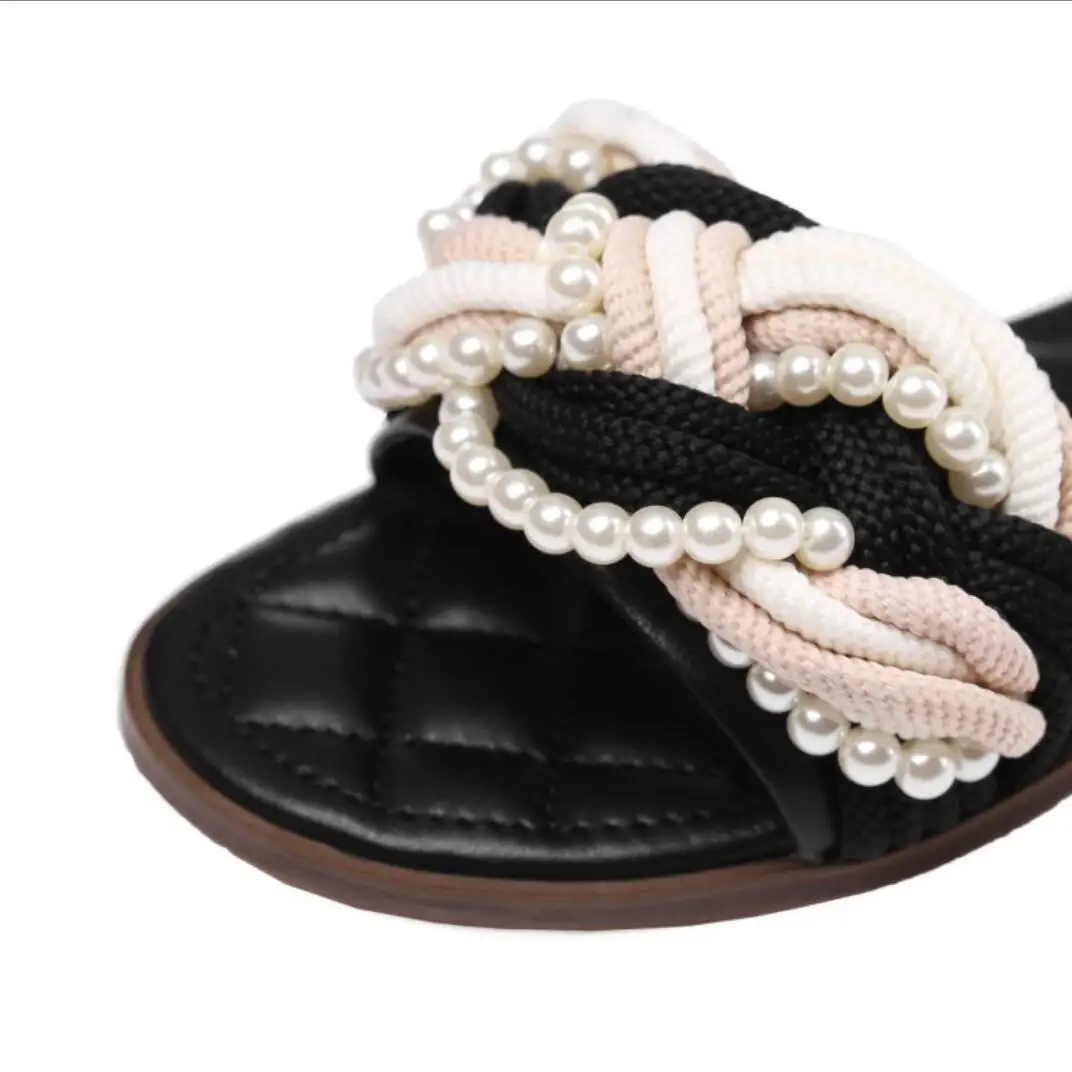 Женские шлепанцы с жемчугом Koovan летние пляжные плетеные сандалии на плоской