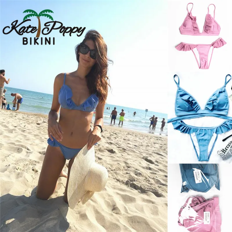 2018 Новый Для женщин комплект бикини с оборками одноцветное Цвет купальник