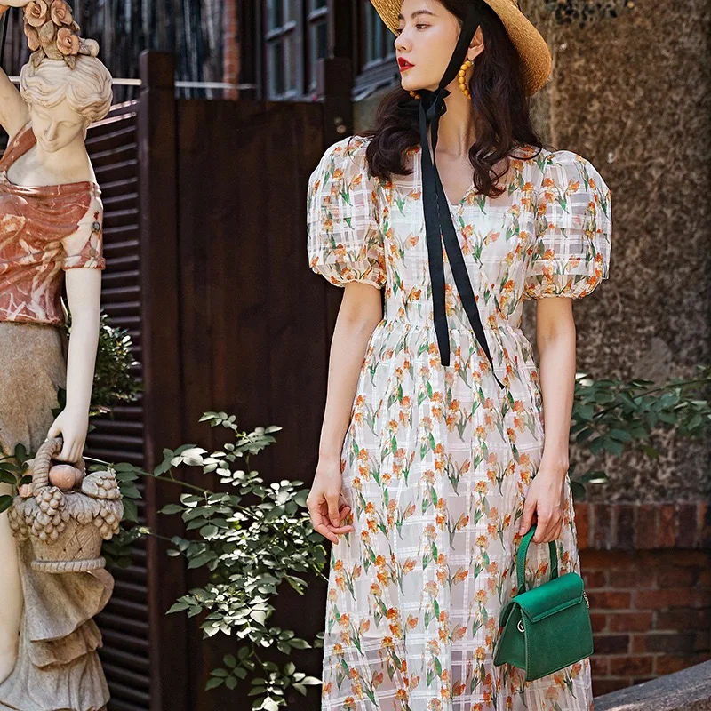 Винтажное милое белое платье до середины икры из органзы с рукавами-фонариками и