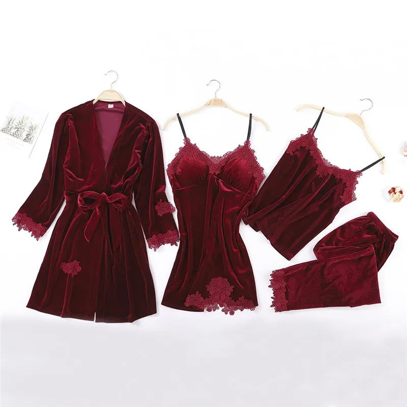 Wine red Золотые бархатные теплые зимние пижамные комплекты из 4 предметов, женская сексуальная пижама, одежда для сна для женщин, одежда для сна с длинными рукавами, длинные штаны, комплекты халатов - Цвет: Wine red