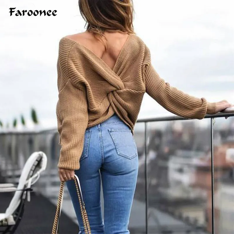 V Neck Sweaters Spring Autumn Women Sexy Backless Reversible Long Sleeve Cross Tie Knot Knitted Pullovers Jumpers | Женская одежда
