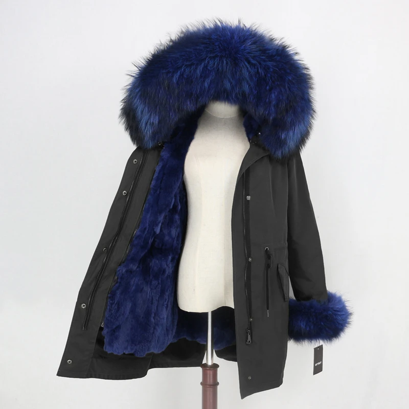 black blue OFTBUY Long Waterproof Parka Real Fur Coat Natural Fur Collar Hood Winter Jacket Women Rabbit Fur Liner Thick Warm Detachable - Цвет: black blue