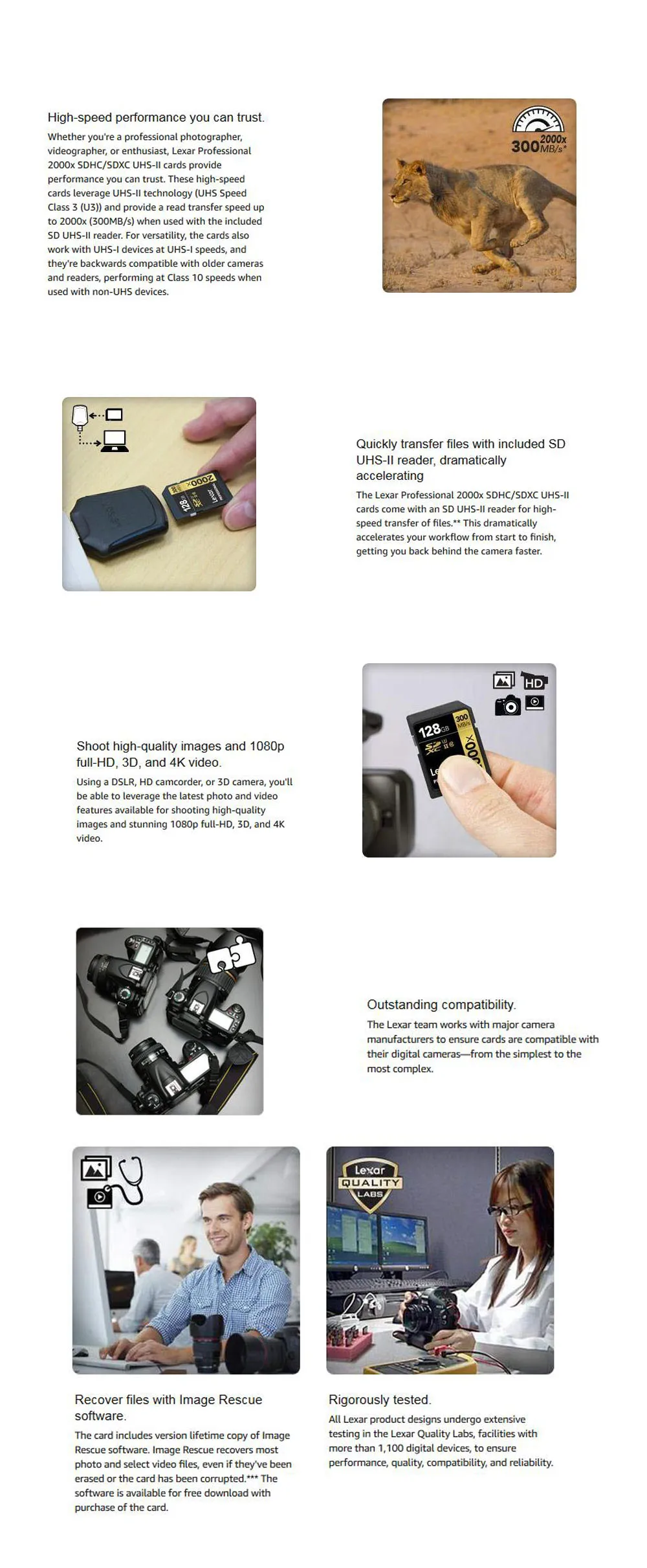 Lexar 2000X UHS-2 SD карты с U3 Flash Limited флешки Class 10 32 ГБ, 64 ГБ и 128 Гб Профессиональный Камера kart высокое Скорость памяти