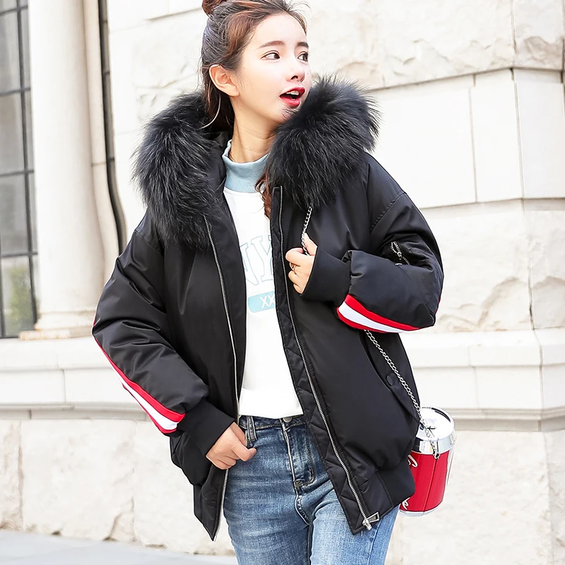 2018 Для женщин куртка с большой меховой воротник капюшоном на молнии пальто