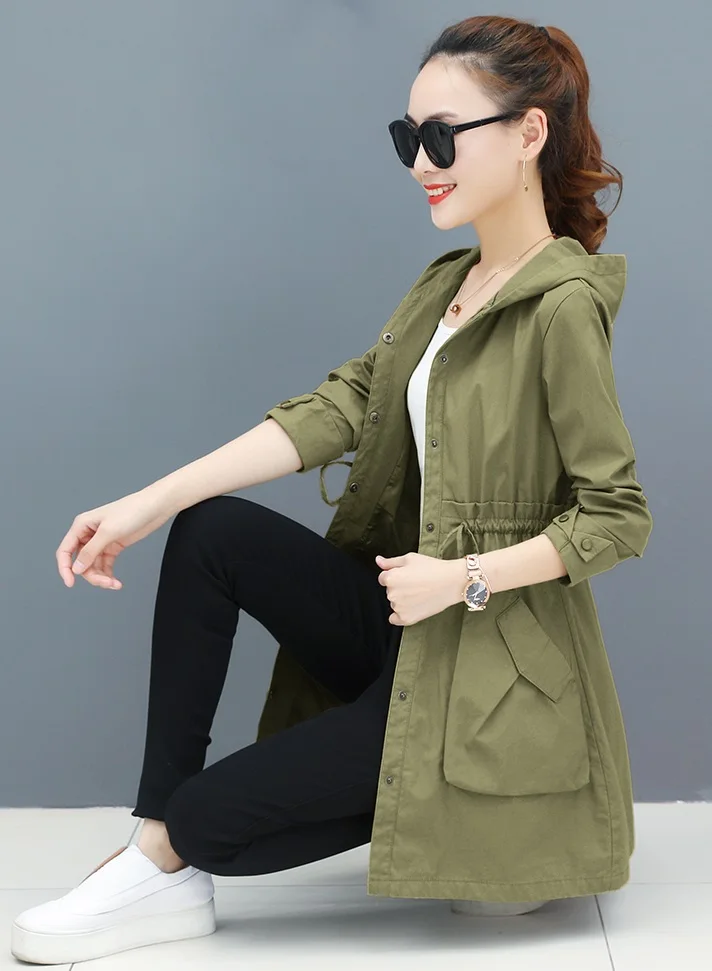 Spring Autumn Trench Coat Women Full Sleeve Thin Overcoat Medium Long Windbreaker Female New Temperament Hooded Clothing