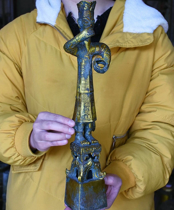 14 8 &quotАнтичная старая китайская Бронзовая позолоченная династия sanxingdui статуя